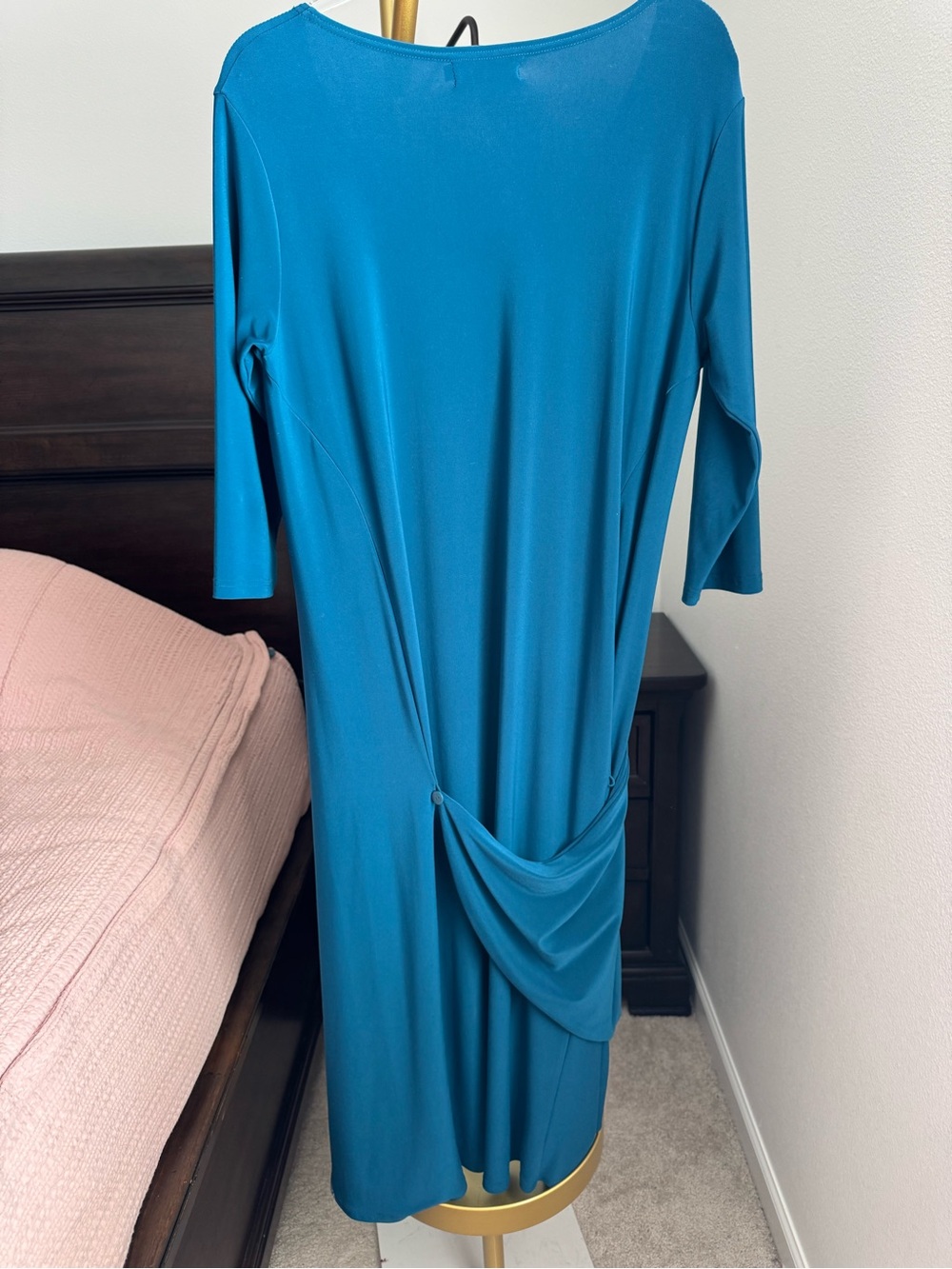 Sympli Teal Asymmetrical Drape Midi Dress Size 12 Made in Canada - Picture 13 of 15